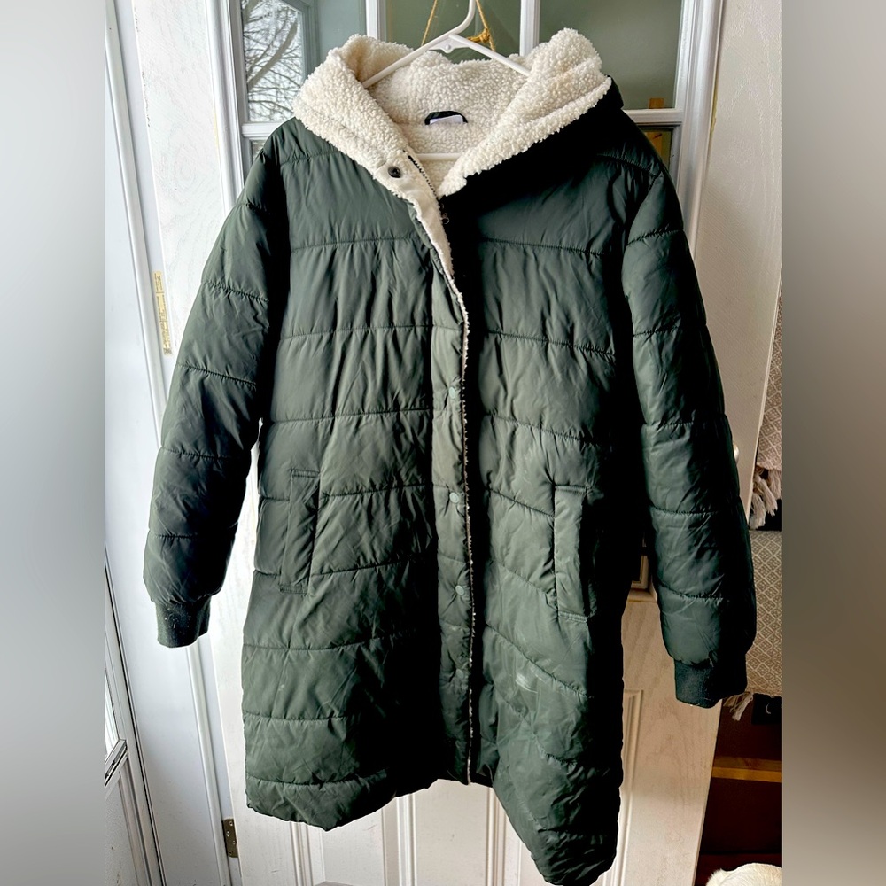 Puffer coat, Sherpa lined. Very warm.